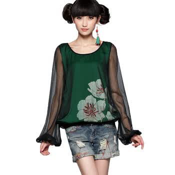 裂帛 2012新款内层印花 灯笼袖 长袖衬衫 女22120055涩容 黑色 XL