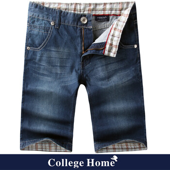 College Home 夏季男士修身深蓝翻边牛仔短裤 男式牛仔裤男