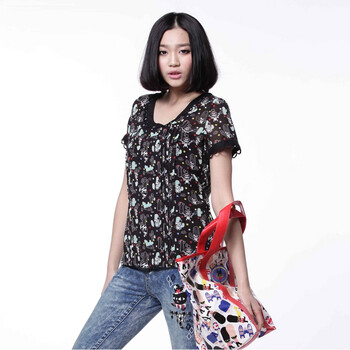 azona阿桑娜 a02女装 印花/绣花短袖休闲衬衫|D1M2D0231BL 黑色(花布) L