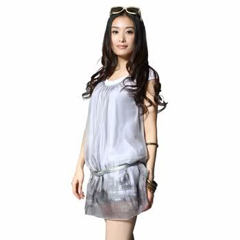 浪漫一身 2012夏装新款 雪纺两件套 印花短袖连衣裙8121545 浅灰 L
