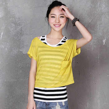 韩都衣舍 韩国2012女恤夏装条纹2件套T恤HO1453 芥末黄色 M