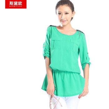 qiustyle新款夏淑女宽松雪纺衫褶皱大码衬衫11111 清新绿 XL