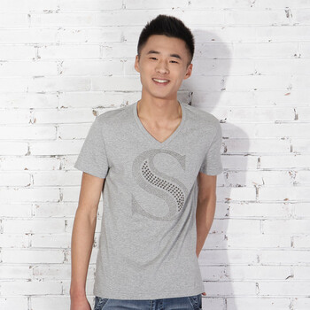 AMH韩国2012夏季新款时尚休闲百搭烫钻男装V领短袖T恤OD2029 灰色 XL