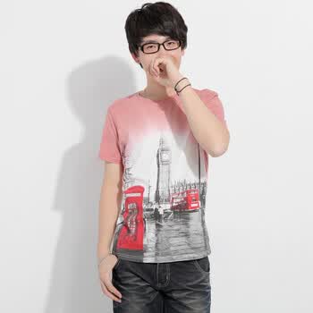 AMH 韩国2012夏新款男士韩版渐变印花修身短袖T恤OJ2082 红色 XL