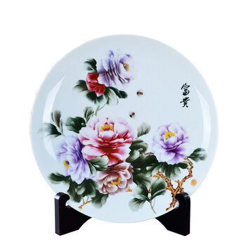 
                                                            瓷博 景德镇陶瓷盘子装饰看盘摆件 大师戚培才富贵牡丹花 书房玄关工艺品                