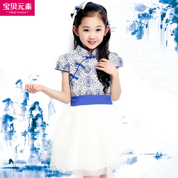 兔蜗蜗 童装 2014春季新款裙子 <em>女童</em>唐装<em>青花瓷</em>
