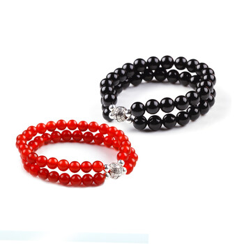 YYUE 天然玛瑙石银珠双圈情侣手链 送证书 情