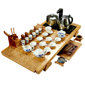 常生源茶具 功夫茶具 汝窑茶壶 茶杯 茶漏 花梨实木竹茶盘 四合一电磁炉茶具套 竹韵祥云-篮彩荷尖