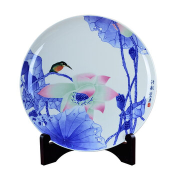 
                                                                                瓷博 酒柜玄关现代简约景德镇陶瓷盘子摆件工艺品 荷花清韵花鸟装饰摆设                