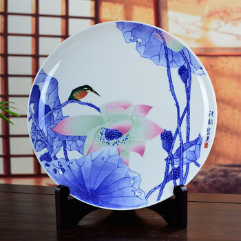 
                                                                                瓷博 酒柜玄关现代简约景德镇陶瓷盘子摆件工艺品 荷花清韵花鸟装饰摆设                
