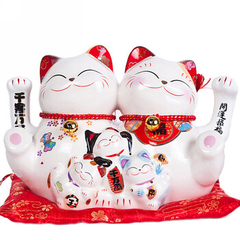 
                                        金石工坊 开业礼品 店铺摆设 陶瓷招财猫摆件 大号电动摇手猫  日本 五福开运招手猫双手招                