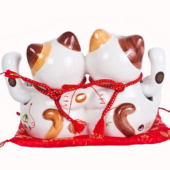 
                                        金石工坊 开业礼品 店铺摆设 陶瓷招财猫摆件 大号电动摇手猫  日本 五福开运招手猫双手招                