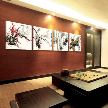 孖堡家居油画无框画装饰字画梅兰竹菊 客厅现代装饰画挂画壁画 书房背景墙画四联画四件套  50cm*50cm*4副