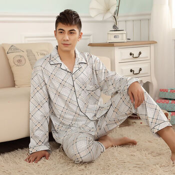 春秋男士针织<em>纯棉格子</em>长袖<em>睡衣家居服</em>套装JM
