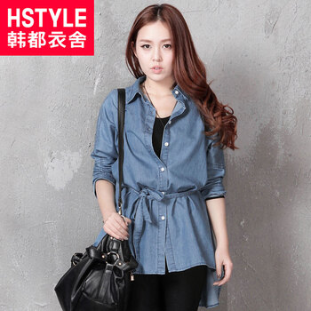 韩都衣舍HSTYLE 韩版2014春装女宽松长袖牛仔衬衫HH