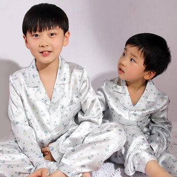美标新款<em>男大童</em>夏款丝绸<em>睡衣套装</em>宝宝真丝长袖