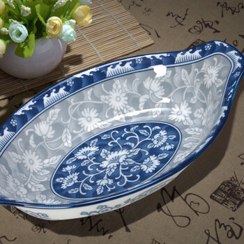 日本韩国进口陶瓷器餐具美浓烧参宝牡丹青花船型深盘