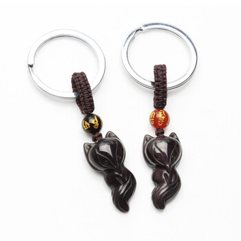 芳菲 开光天然黑曜石小狐狸钥匙扣 斩烂桃花 防