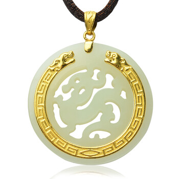 荔尚珠宝 天然玉石和田玉金镶玉龙牌吊坠 男士