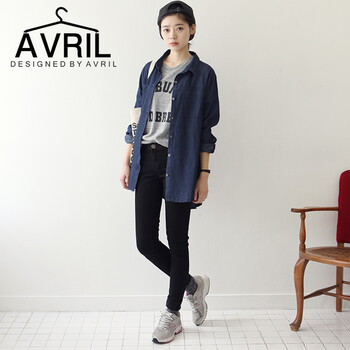 艾微儿AVRIL+JEAN+秋装新款百搭中长款牛仔衬衫女