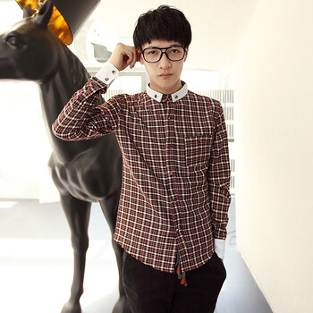 潮型库 soinku 男式商务休闲格子长袖衬衫衬衣