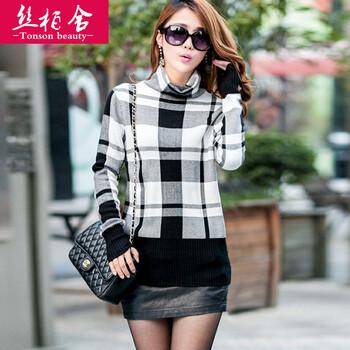 2014春装新款女装格子图案高领<em>休闲宽松</em>长袖