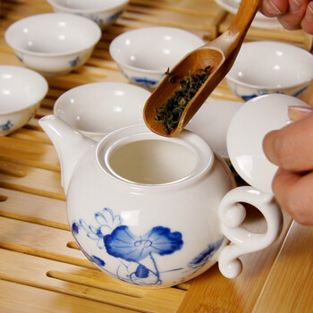 常生源茶具 功夫茶具 汝窑茶壶 茶杯 茶漏 花梨实木竹茶盘 四合一电磁炉茶具套 竹韵祥云-篮彩荷尖