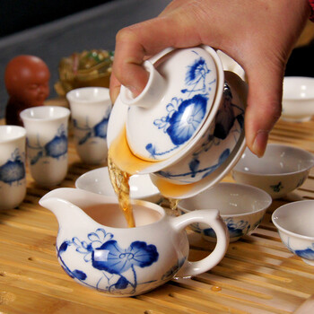 常生源茶具 功夫茶具 汝窑茶壶 茶杯 茶漏 花梨实木竹茶盘 四合一电磁炉茶具套 竹韵祥云-篮彩荷尖