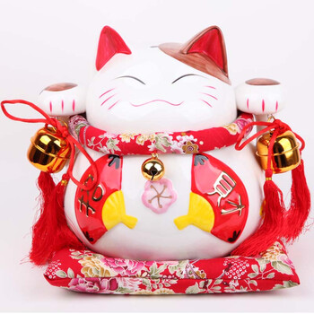 
                                        福嘉福  招财猫摆件大号开业礼品陶瓷发财猫存钱罐储蓄罐 红扇                