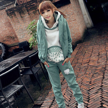 含蕴2013新款韩版甜美连帽卫衣马甲休闲裤三件套