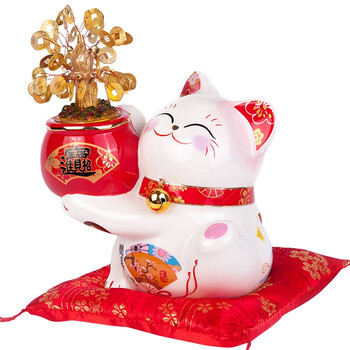 
                                        金石工坊创意礼品陶瓷招财猫储蓄罐LED彩灯摇钱树发光礼物 店铺开业送礼 旺铺招财摆设 SC53316中号                