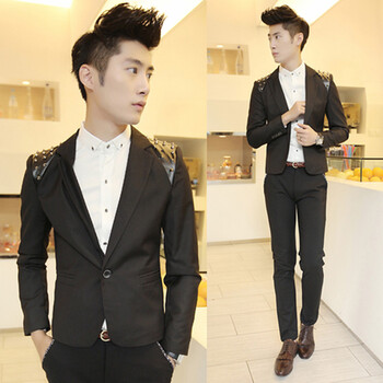 款 路凡 2014春装男韩版修身铆钉装饰<em>发型师</em>个