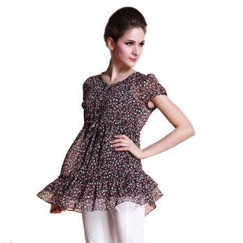 YINER音儿 2012夏季新品 碎花V领花边短袖女上衣 咖啡81270650 咖啡色 xxxl