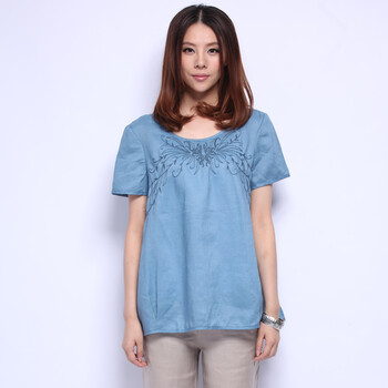 初念 2012新款 文艺范圆领绣花包袖纯色宽松亚麻短袖衬衫 女 3色 068 蓝色 L/170
