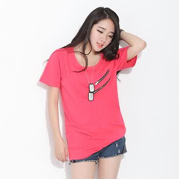 韩都衣舍 韩国2012夏季新款拉链装饰圆领印花短袖T恤HC2127 红色 M