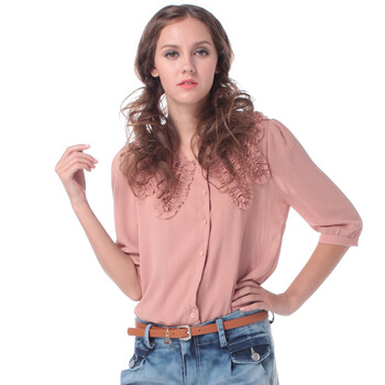 飘蕾 peoleo 时尚褶皱花边衬衫2140901356 泥红色 XL