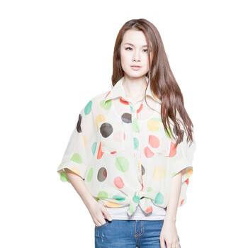 Tomnrabbit 2012新品韩版女装大圆点商务领女式雪纺大码蝙蝠衫衬衫TM679 米色 均码