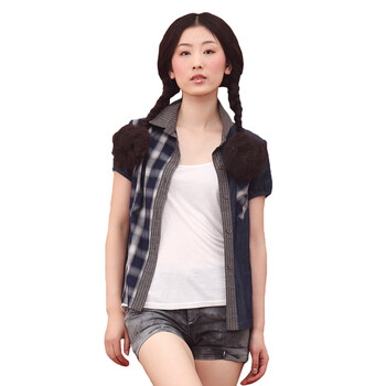 INMAN茵曼2012夏装新款开襟条纹格子拼接纯棉牛仔女衬衫822013441 蓝色 XL