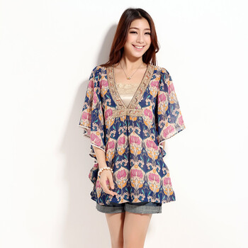 SHOPING PLAN 2012夏装新款民族风大码碎花雪纺衫 宫廷复古蕾丝雪纺上衣 29005 蓝色 L