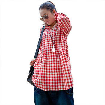 韩版休闲中长款翻领纯棉格子长袖森林系女衬衫特 红色 M