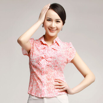 舒朗 SHOWLONG 夏日清凉优雅短袖花色衬衫 S2102C18 淡粉 XL