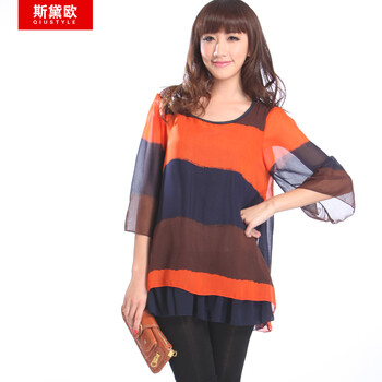 qiustyle新款夏装宽松大码女士衬衫条纹雪纺衫11112 温馨桔 XL