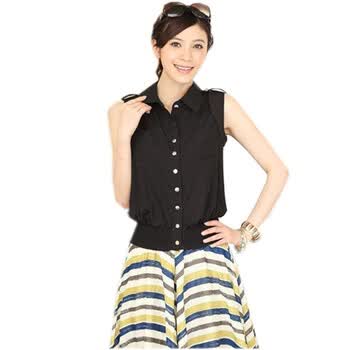 露西法兰 2012韩版女装夏装新款 时尚无袖纯色简约收腰衬衫 CN-1242 黑色 XL