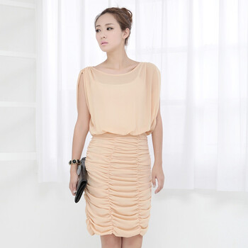 韩都衣舍 韩国2012夏装新款女装纯色圆领抽褶连衣裙EQ2051 粉色 M