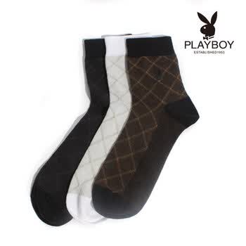 PLAYBOY 花花公子天丝纤维吸湿排汗菱形格子休闲中筒男棉袜子2121 白色 均码