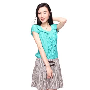 婉甸wandian英伦田园风蓝绿色桑蚕丝碎花衬衫1112083008-009-510 浅绿 L