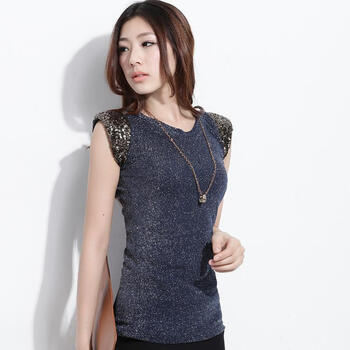 韩都衣舍 韩国2012夏装新款女女装修身纯色T恤HX2041 蓝色 M