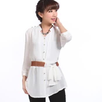 qiustyle21012新款夏韩版立领显瘦雪纺衫衬衫11106 亮白色 XL