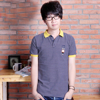 AMH 韩国2012夏装新款男装韩版条纹修身翻领常规袖短袖T恤NN2033 藏蓝色 XL