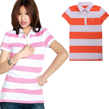 棉花公主 COTTON PRINCESS 夏款女装条纹修身棉质POLO衫 C1H2201 桔色/白 细条 S